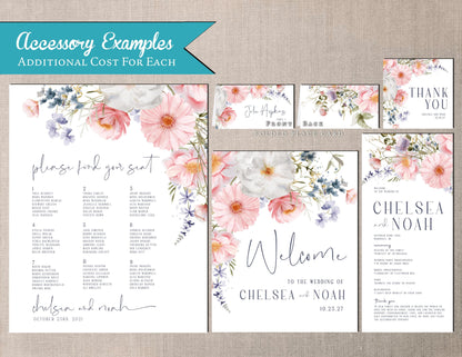 Pastel and Dusty Blue Florals on White Background Summer Wedding Invitation, Set, or Suite