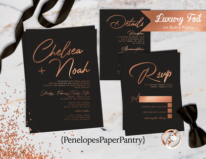 Luxury Copper Foil on Black Paper Traditional Wedding Invitation, Sets, or Suite