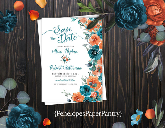 Teal and Orange Florals with White Background Save the Date