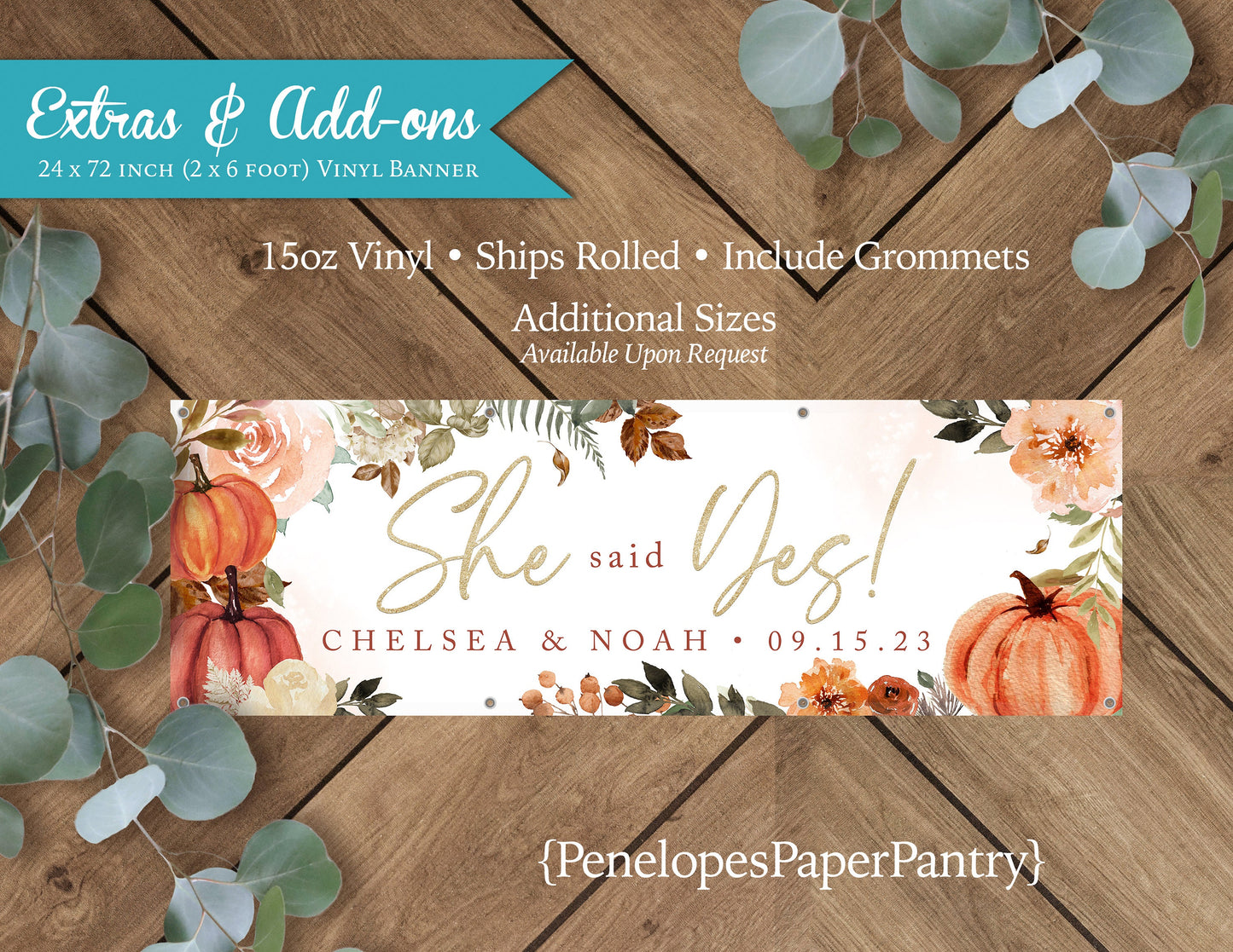 Pumpkin and Neutral Florals Engagement Vinyl Banner with Grommets