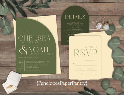 Die Cut Half Arch Olive Green Hues on Ivory Paper Fall Wedding Invitation, Set, or Suite