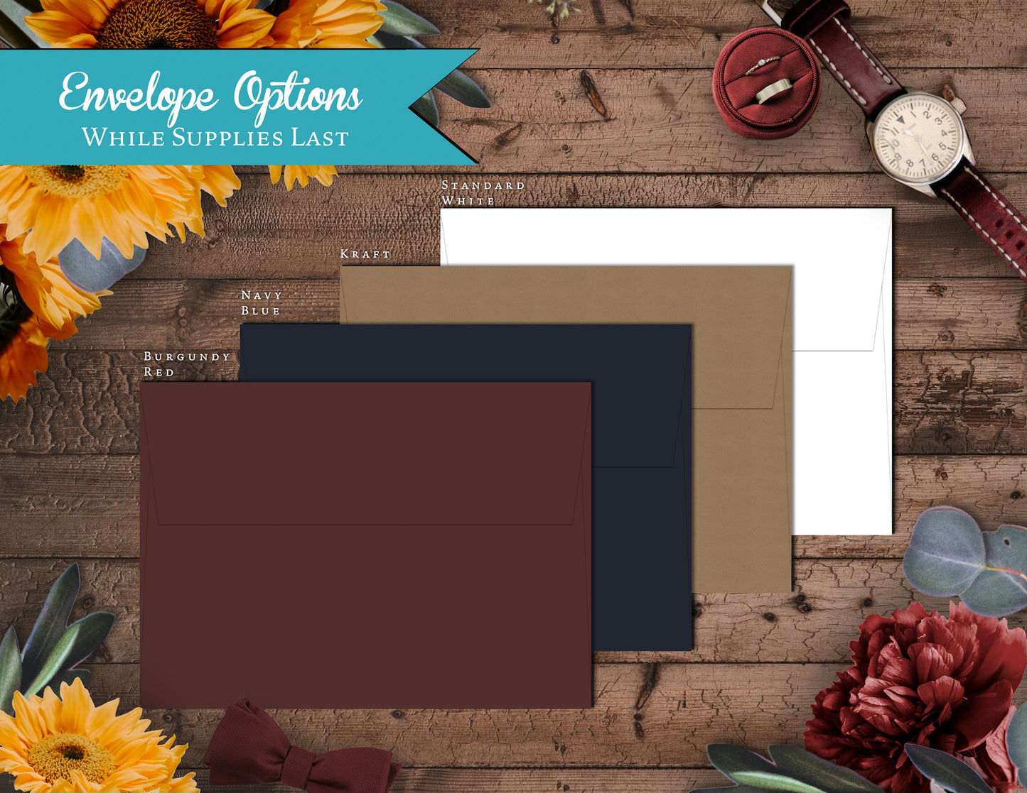 Sunflower and Burgundy Florals with Wood Background, Calendar, and Engagement Photo Save the Date