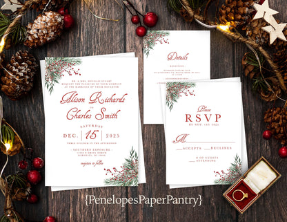 Pine and Holly Branched on White Paper Winter Wedding Invitation, Set, or Suite