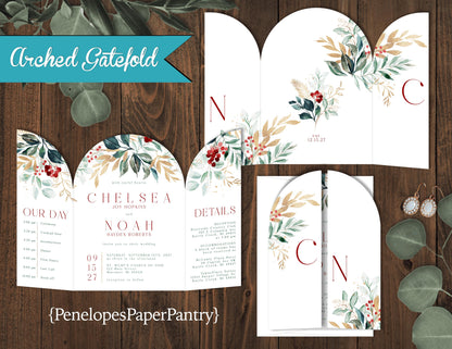 Die Cut Gatefold Winter Florals with White Background Folded Wedding Invitation, Set, or Suite