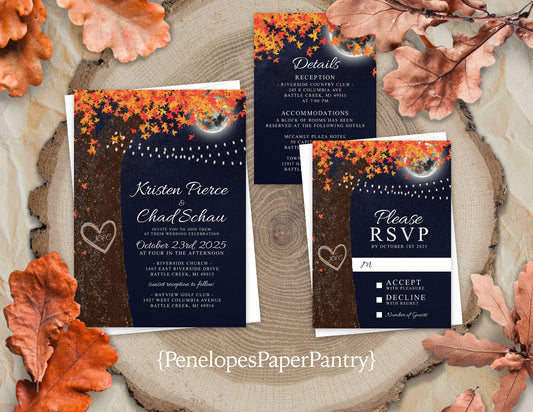 Rustic Fall Wedding Invitation – Navy Night Sky, Full Moon, Oak Tree & Burnt Orange Leaves – Personalized Printed Invitation with Fairy Lights & Envelopes