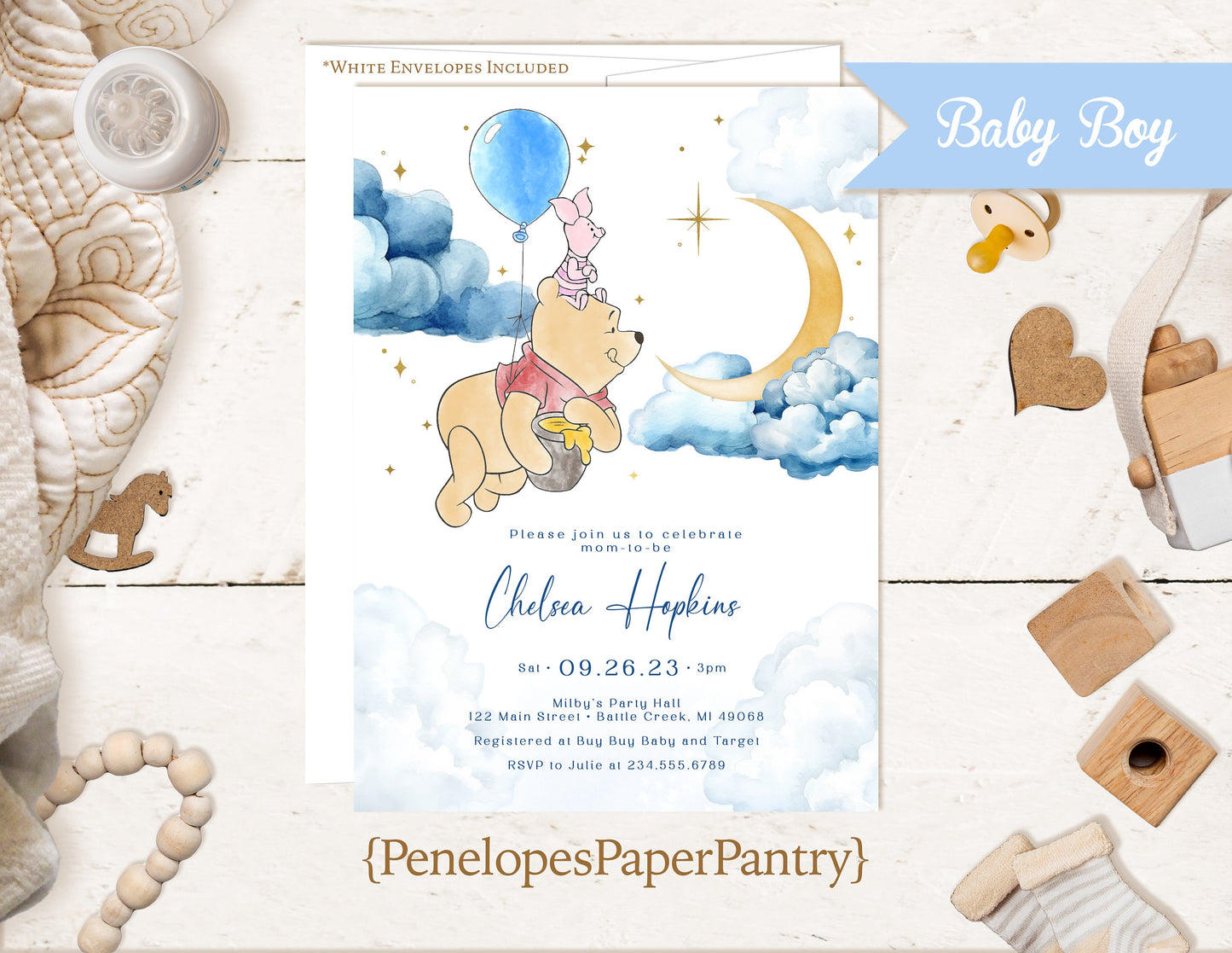Personalized Baby Boy Winnie The Pooh Baby Shower Invitation with Moon  Stars - Gold Foil Design Printed Invitations  Envelopes Included