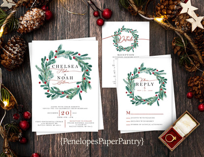 Romantic Christmas Wedding Invitation – Holiday Wreath, Green & Red Calligraphy, Shimmery Custom Printed with Envelopes Included