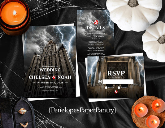 Halloween Wedding Invitation – Ghostbusters-Inspired Spooky Design – Personalized Supernatural Printed Invite with Envelopes Included