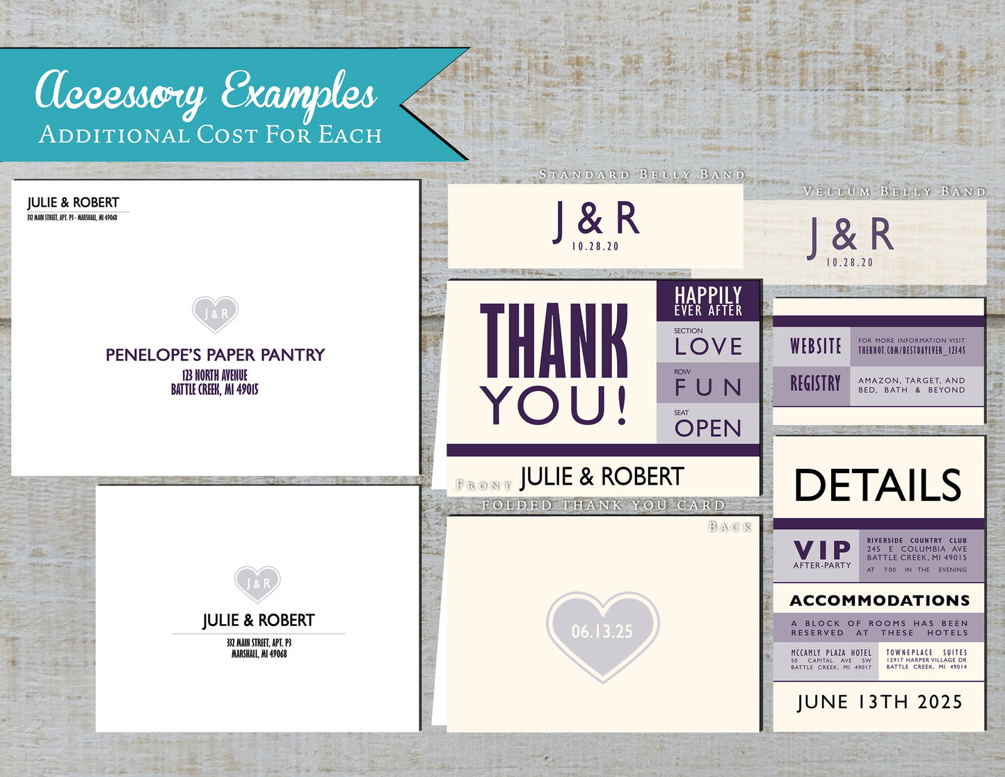 Concert Ticket Style Purple and Ivory Summer Wedding Invitation, Set, or Suite