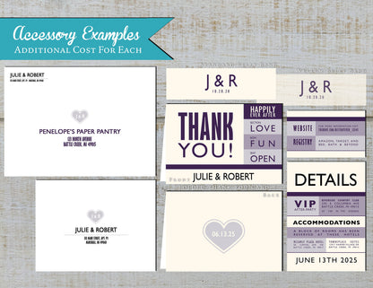 Concert Ticket Style Purple and Ivory Summer Wedding Invitation, Set, or Suite