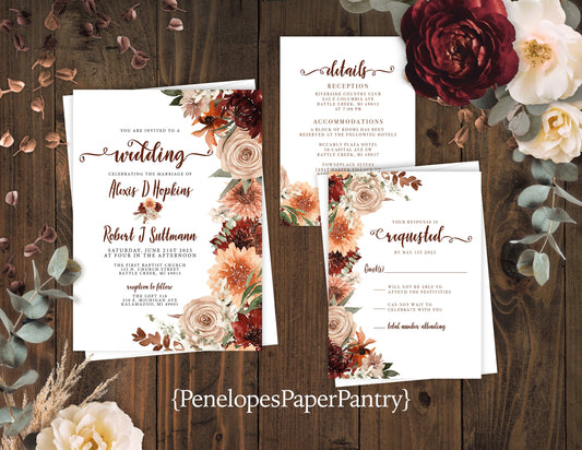 Terracotta Fall Wedding Invitation – Burnt Orange & Rust Florals – Personalized Romantic Printed Invite with Envelopes Included