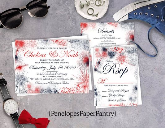 Elegant 4th of July Wedding Invitation Personalized Red White and Blue Firework Patriotic Shimmery Printed Invitation With Envelope Unique