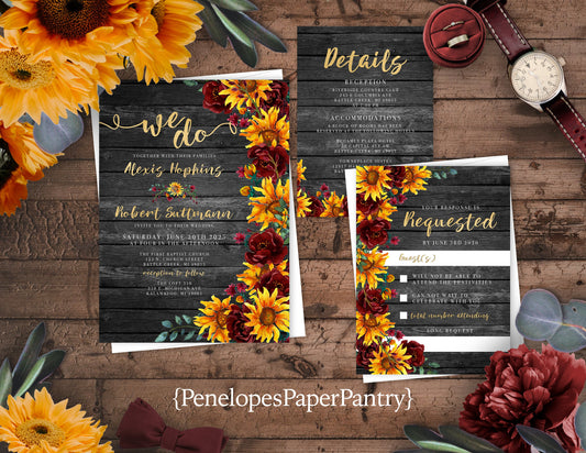 Sunflower and Burgundy Florals on Grey Wood Background Fall Wedding Invitation, Set, or Suite