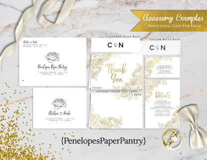 Gold Foil Floral Line Art on White Paper Traditional Wedding Invitation, Sets, or Suite