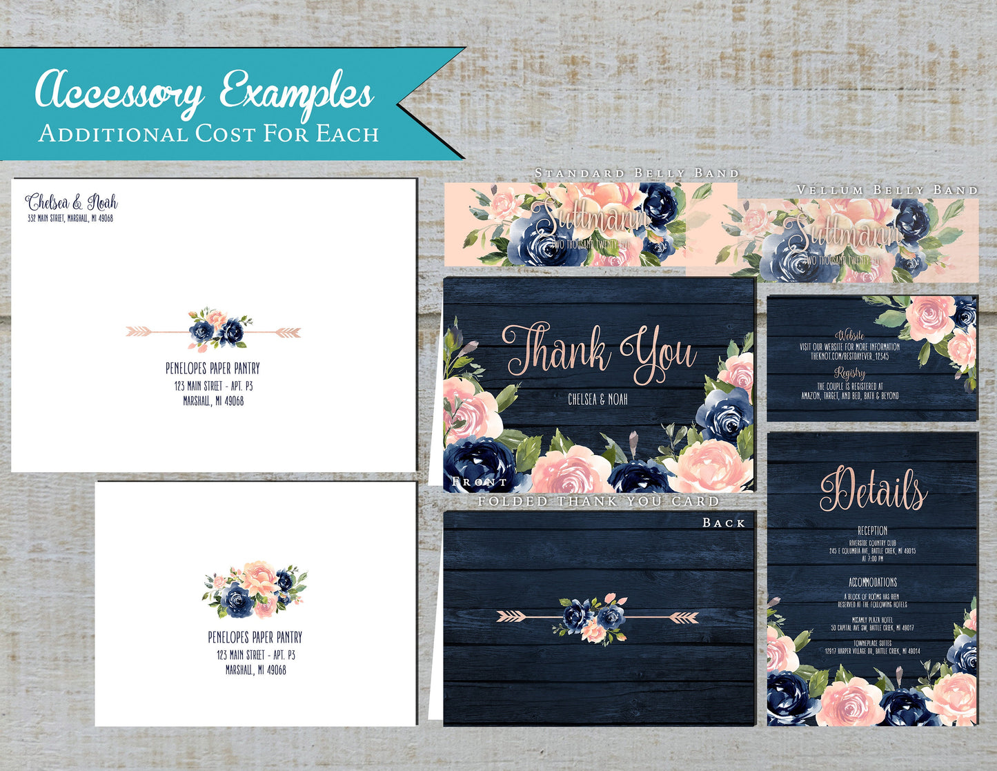 Rustic Navy Floral Summer Wedding Invitation Personalized Navy Wood Blush Roses Floral Arrow Rose Gold Print Shimmery Printed Invitations