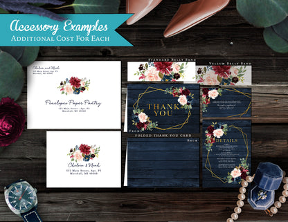 Navy, Burgundy, and Blush Florals with Geometric Frame on Blue Wood Background Fall Wedding Invitation, Set, or Suite