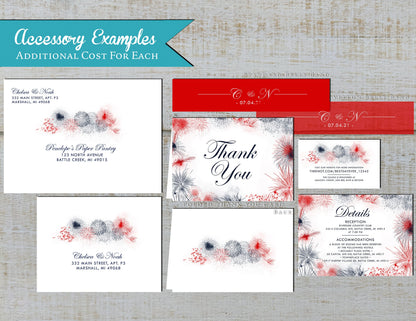 Elegant 4th of July Wedding Invitation Personalized Red White and Blue Firework Patriotic Shimmery Printed Invitation With Envelope Unique