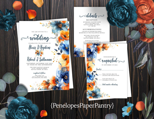 Elegant Floral Fall Wedding Invitation – Turquoise, Teal & Burnt Orange – Personalized Printed Invite with Envelopes