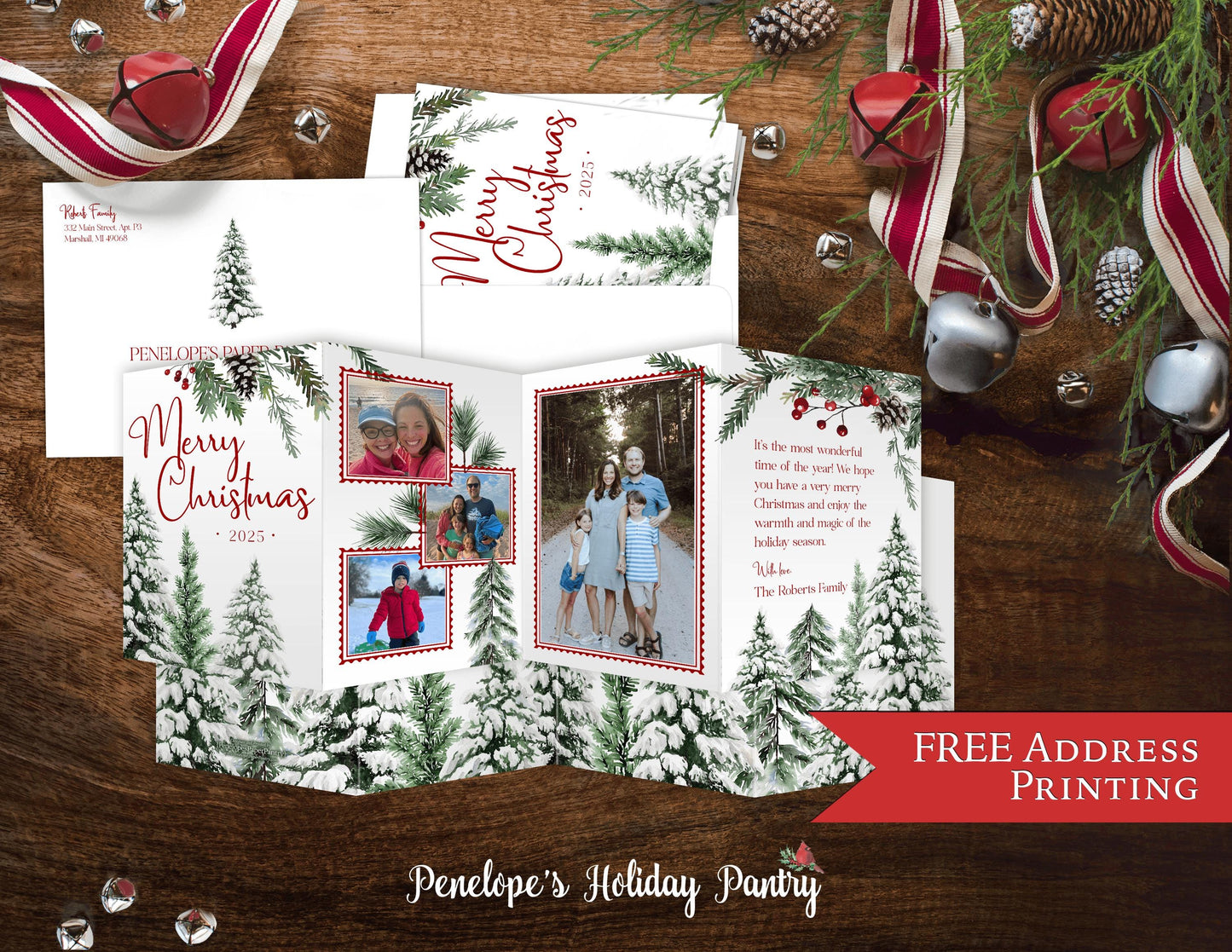 Fun Trifold Christmas Photo Card Personalized Green Red Winter Forest Multiple Photos Custom Text Double Sided Printed Cards With Envelopes