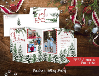 Fun Trifold Christmas Photo Card Personalized Green Red Winter Forest Multiple Photos Custom Text Double Sided Printed Cards With Envelopes