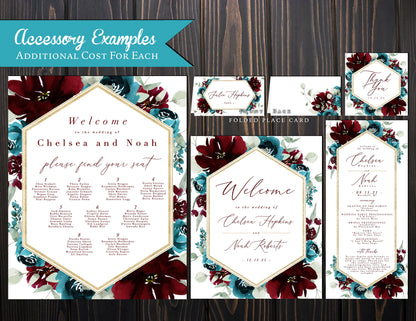 Burgundy and Teal with Geometric Frame on White Background Fall Wedding Invitation, Set, or Suite