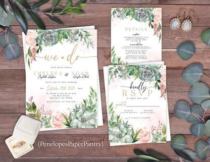 Pink and Green Succulent on White Background Summer Wedding Invitation, Set, or Suite