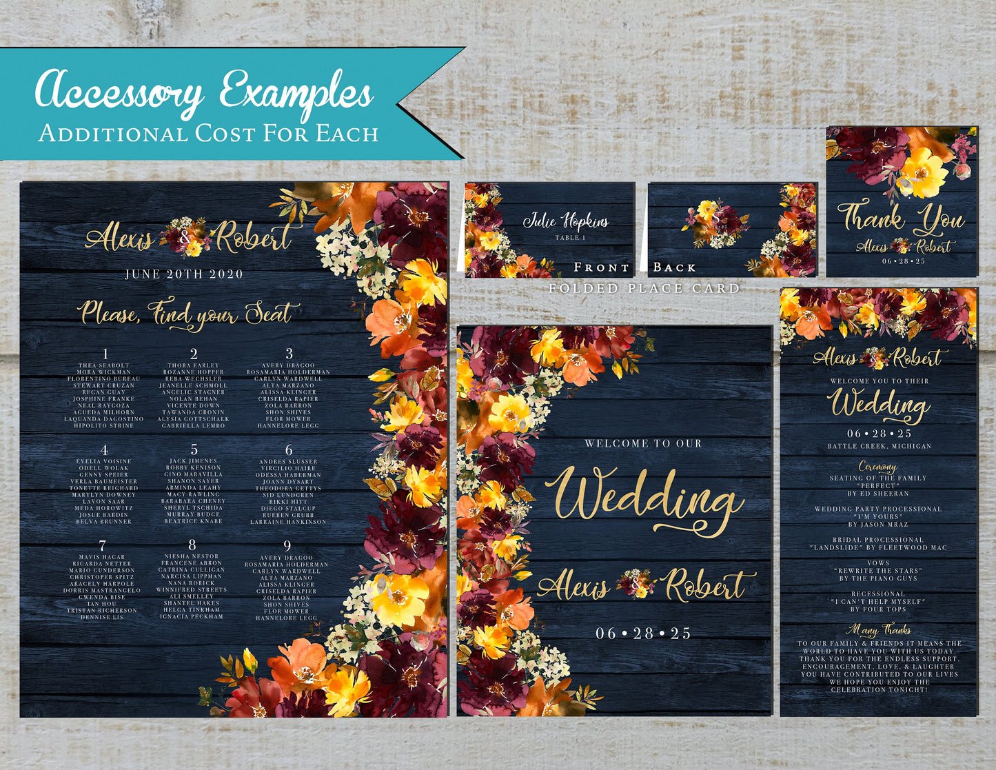 Sunflower and Burgundy Florals on Navy Blue Wood Fall Wedding Invitation, Set, or Suite