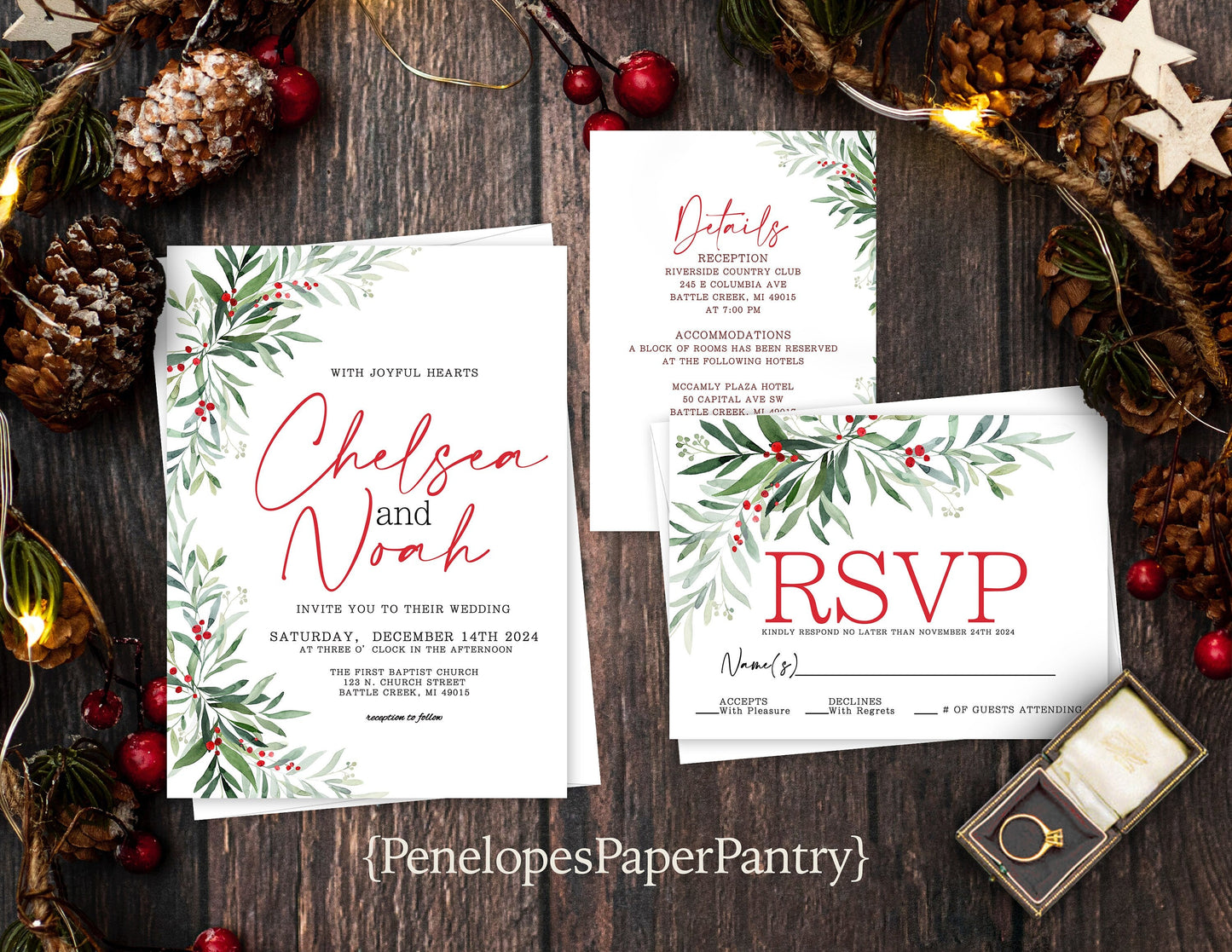 Pine and Holly Florals Winter Wedding Invitation, Set, or Suite