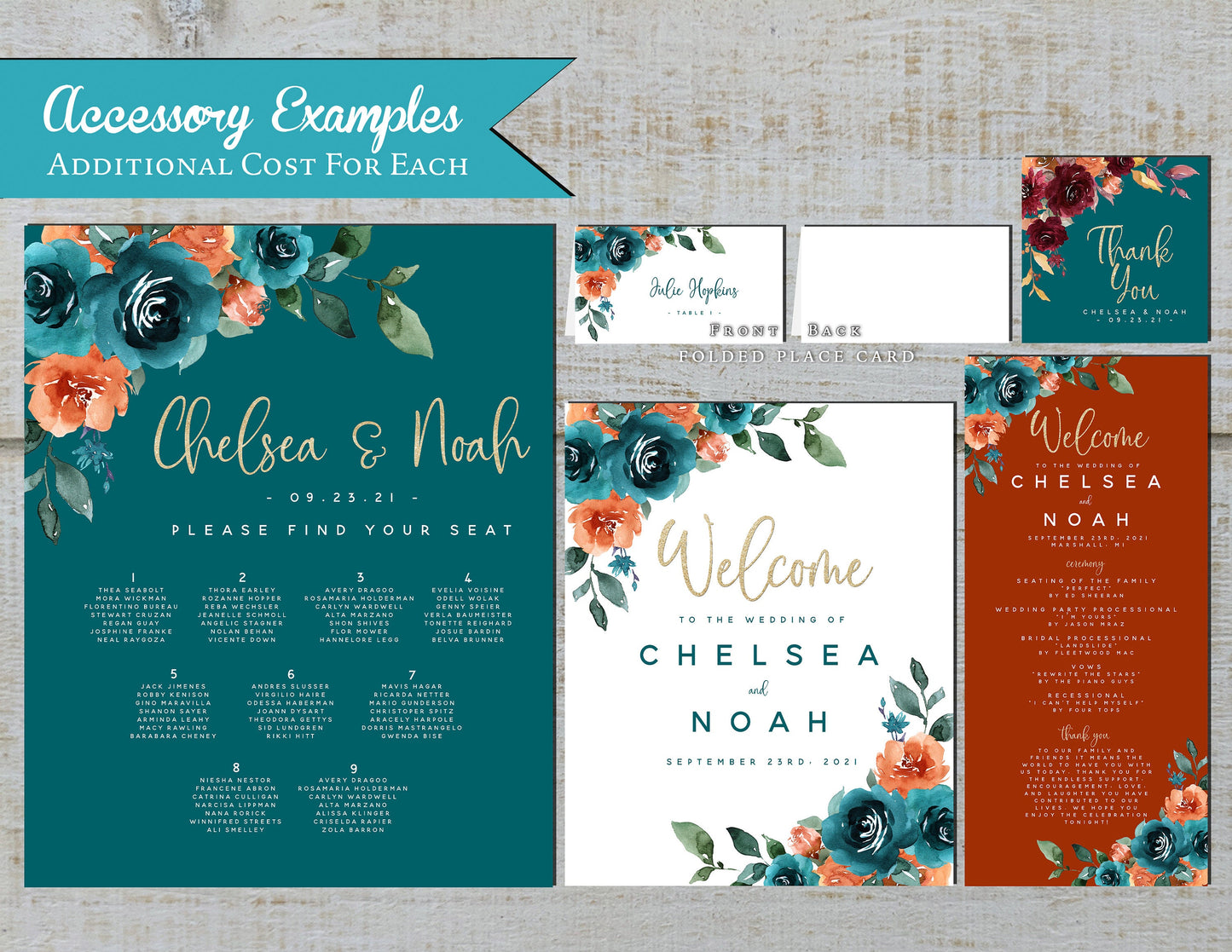 Teal and Burnt Orange Florals on Teal, Orange, and White Background Fall Wedding Invitation, Set, or Suite