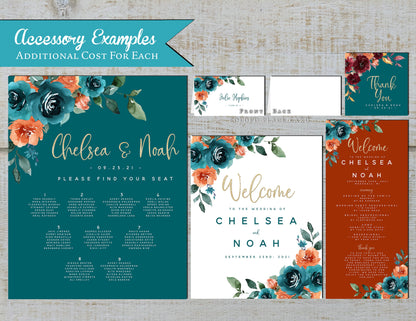 Teal and Burnt Orange Florals on Teal, Orange, and White Background Fall Wedding Invitation, Set, or Suite