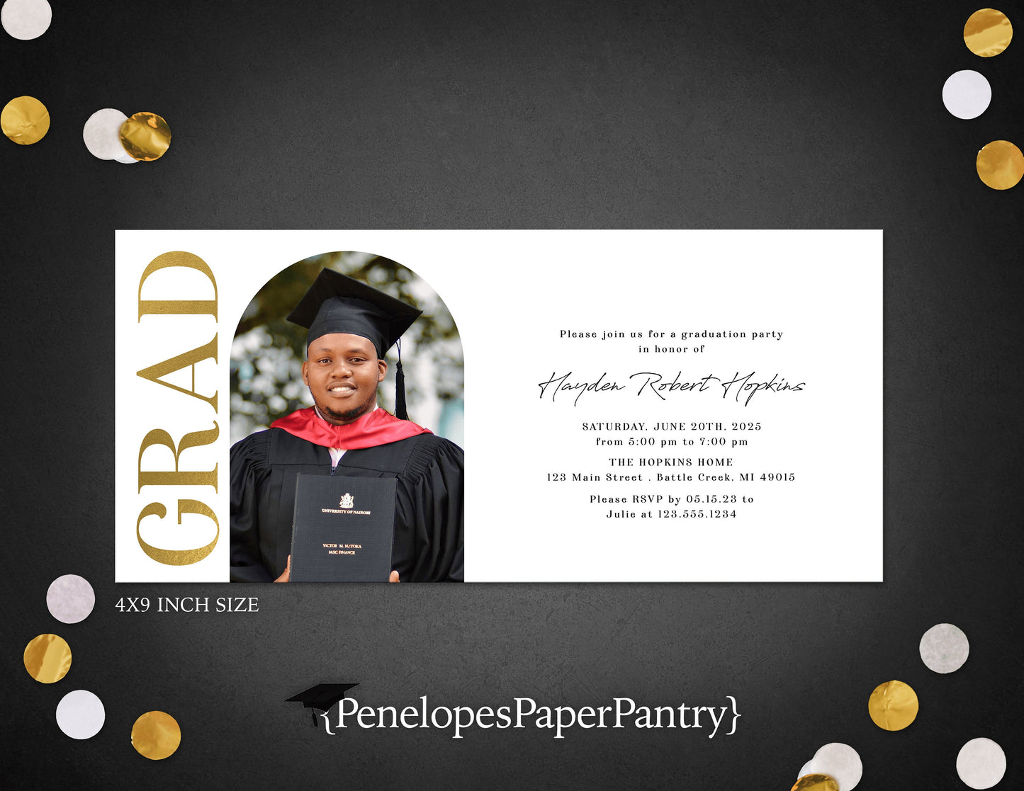 Photo Arch Grad with Gold Foil Graduation Open House or Ceremony Invitation