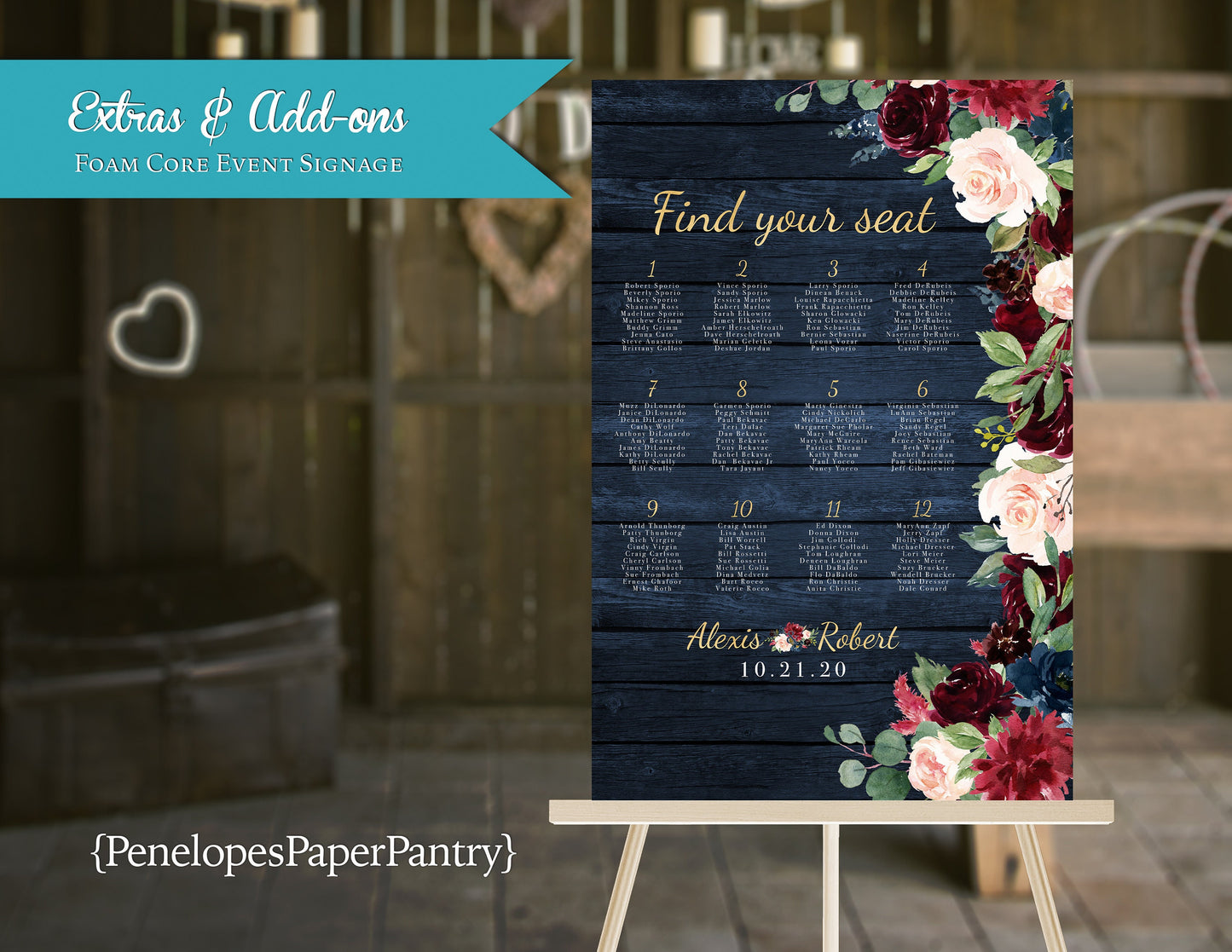 Navy, Burgundy, and Blush Florals on Blue Wood Wedding Foam Core Event Seating Chart Sign