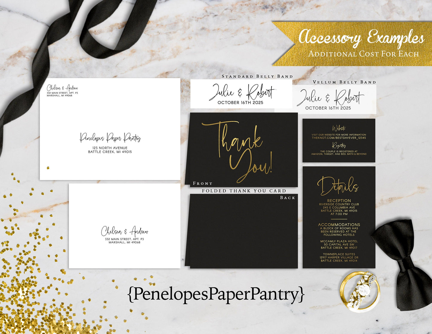 Luxury Gold Foil Typography on Black Paper Traditional Wedding Invitation, Sets, or Suite