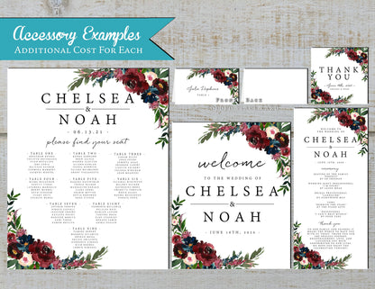 Elegant Floral Fall Wedding Invitation – Navy & Burgundy Roses – Shimmery Personalized Invite with Envelopes & Optional RSVP