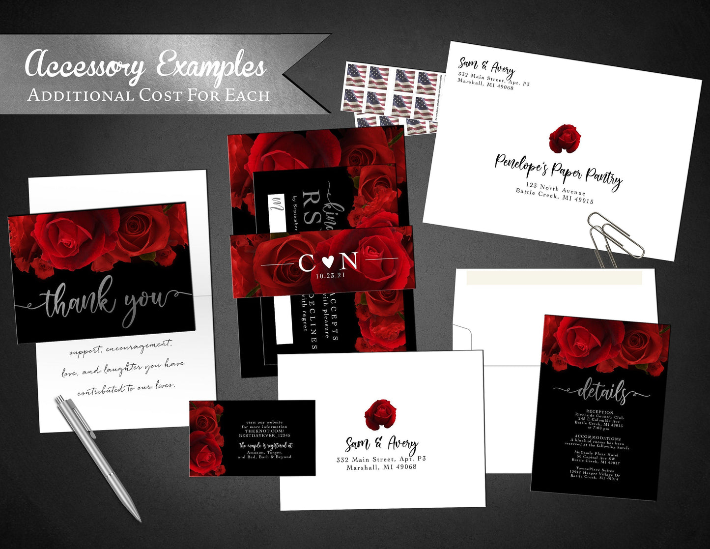 Red Florals with Silver Foil and Black Background Rose Wedding Invitation, Set, or Suite