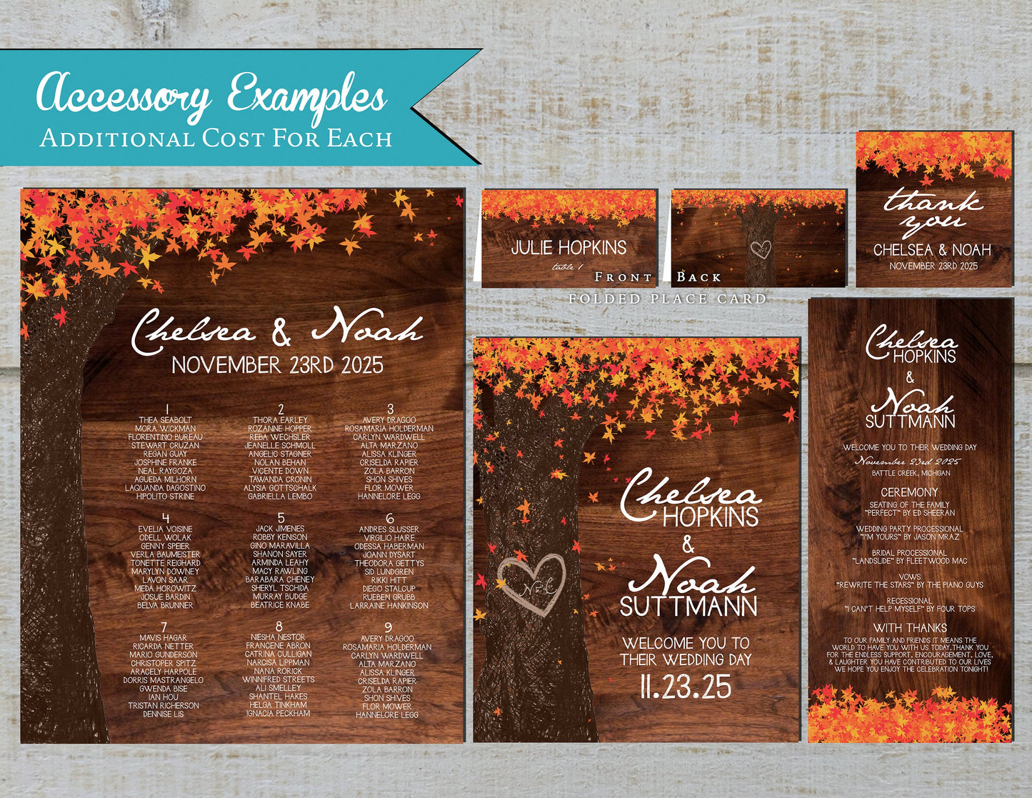 Oak Tree with Orange Leaves with Brown Background Fall Wedding Invitation, Set, or Suite