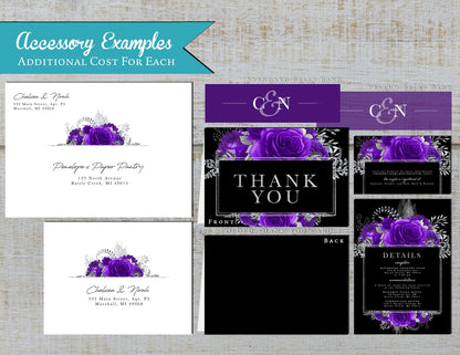 Purple Florals with Black Background Rose Wedding Invitation, Set, or Suite