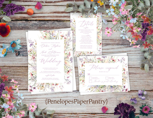 Pastel Wildflower on White Background Summer Wedding Invitation, Set, or Suite