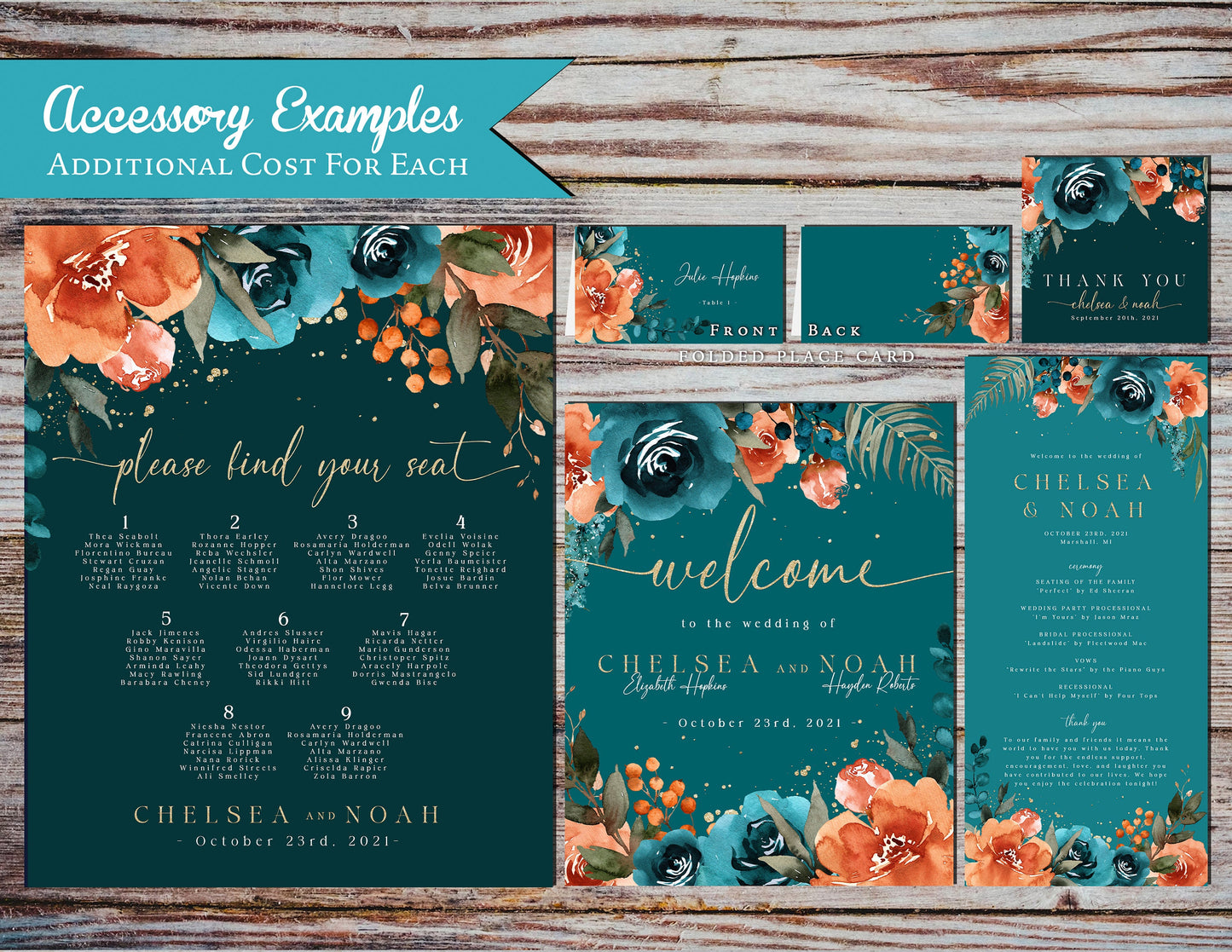 Teal and Burnt Orange Florals on Teal Hues Fall Wedding Invitation, Set, or Suite