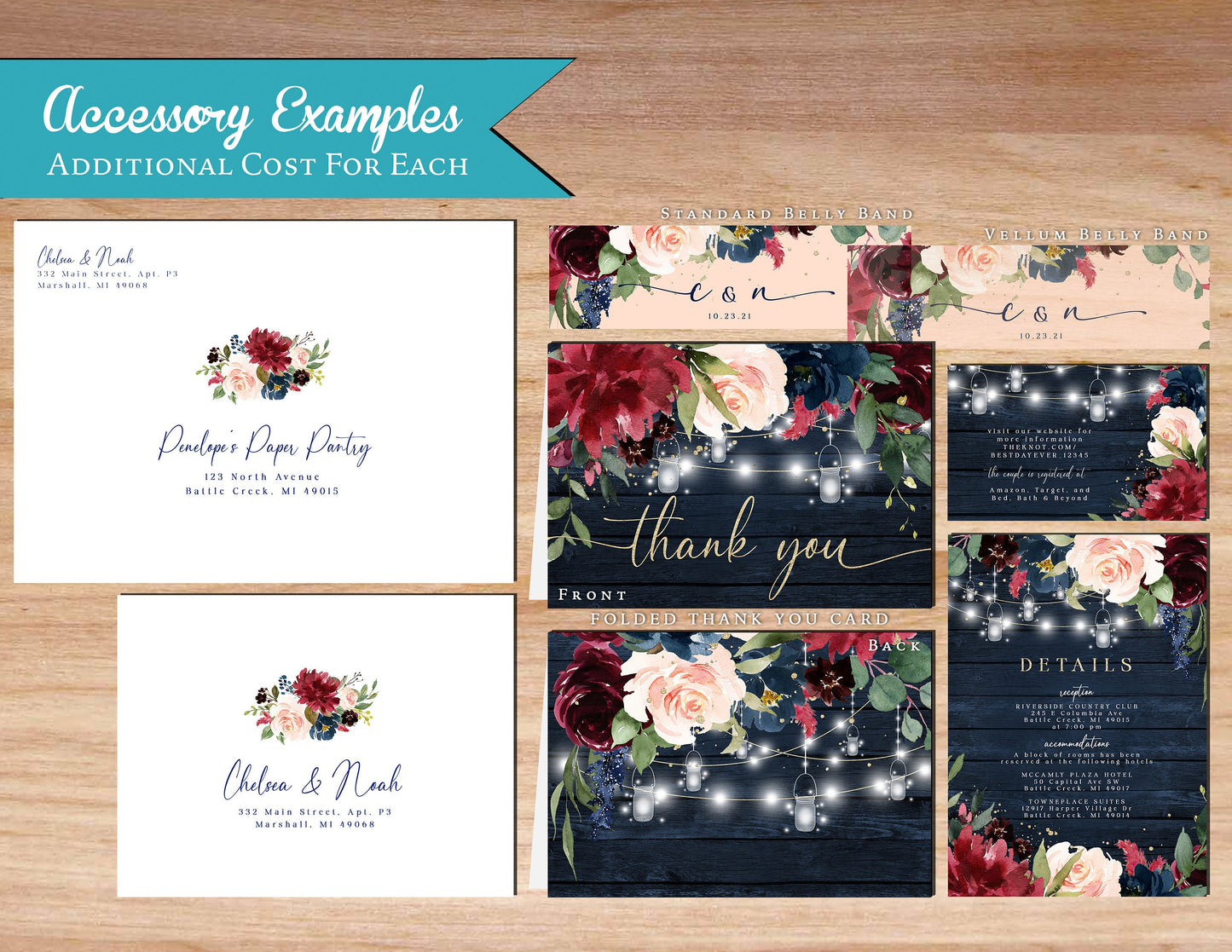 Burgundy, Blush, and Navy Florals on Navy Wood Background Fall Wedding Invitation, Set, or Suite