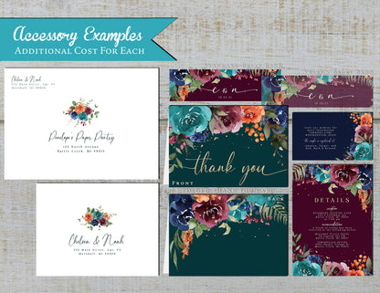 Jewel Tone Floral on Dark Turquoise, Plum, and Navy Background Fall Wedding Invitation, Set, or Suite