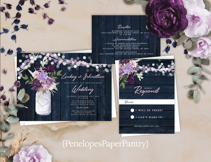 Rustic Navy Floral Summer Wedding Invitation Personalized Mason Jar Lavender Lilacs Fairy Lights Navy Barn Wood Printed Invitation Envelopes