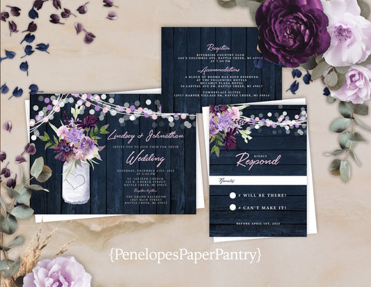 Rustic Navy Floral Summer Wedding Invitation Personalized Mason Jar Lavender Lilacs Fairy Lights Navy Barn Wood Printed Invitation Envelopes
