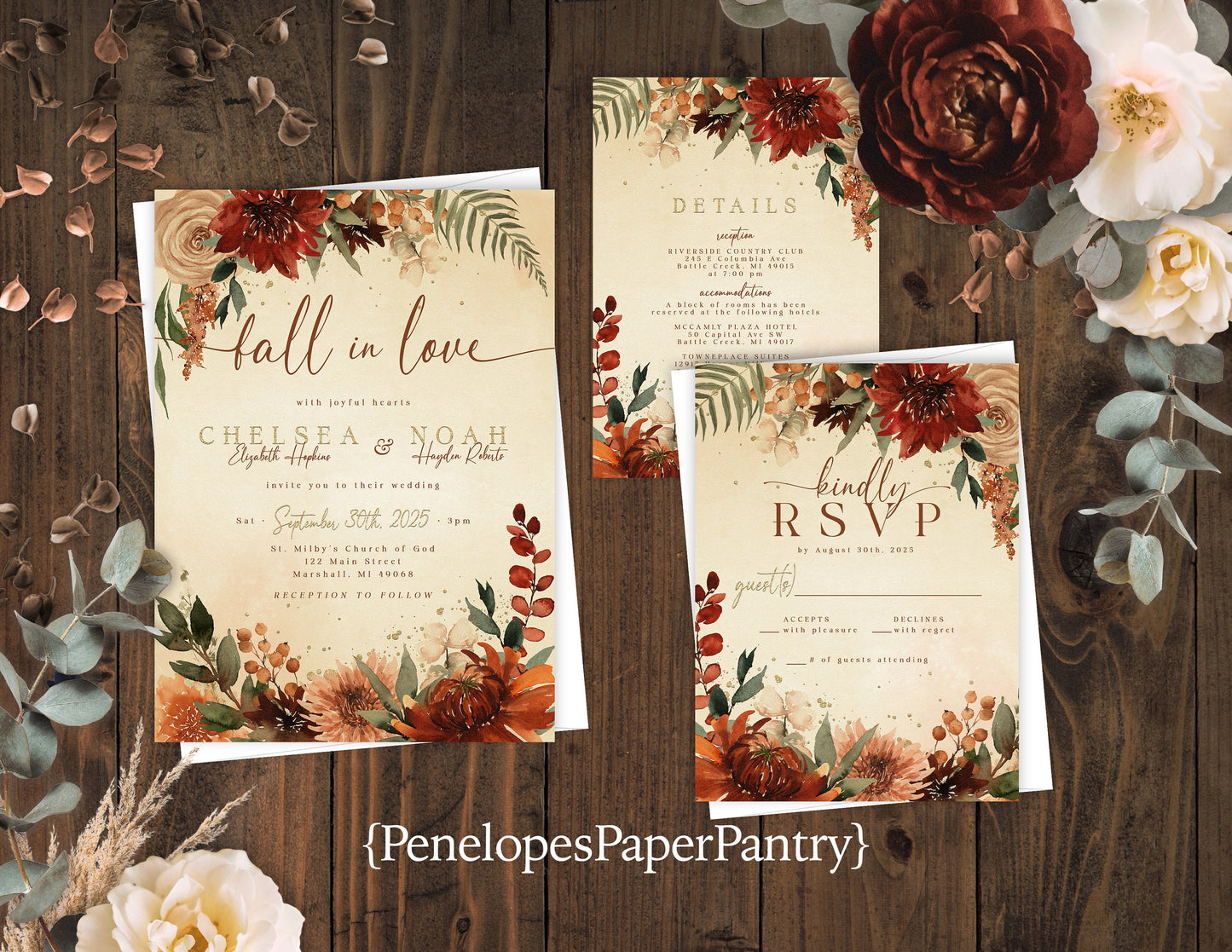 Terracotta and Burnt Orange, Florals on White Gold Paper Fall Wedding Invitation, Set, or Suite