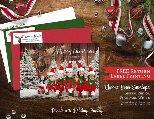 Personalized Funny Moose Lodge Christmas Family Photo Card with Barn Wood Design  Envelopes