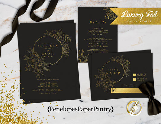 Luxury Gold Foil Floral Wreath on Black Paper Traditional Wedding Invitation, Sets, or Suite