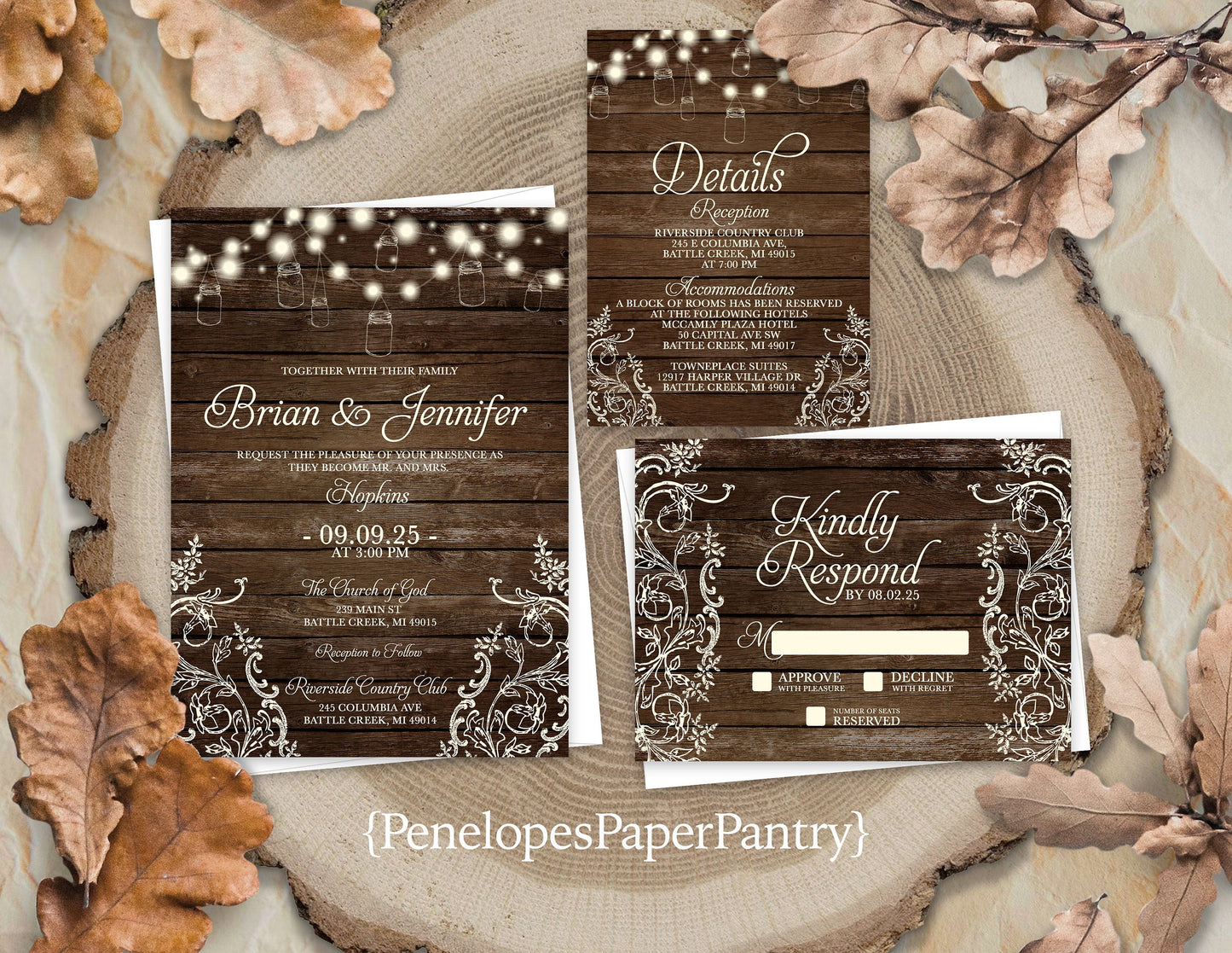 Rustic Wedding Invitation – Mason Jar Lights, Barn Wood & Lace – Personalized Printed Invitations with Custom Text & Envelopes Included