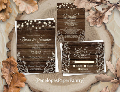 Rustic Wedding Invitation – Mason Jar Lights, Barn Wood & Lace – Personalized Printed Invitations with Custom Text & Envelopes Included