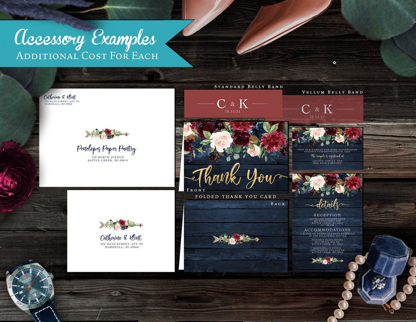 Navy, Blush, and Burgundy Florals on Blue Wood Background Fall Wedding Invitation, Set, or Suite