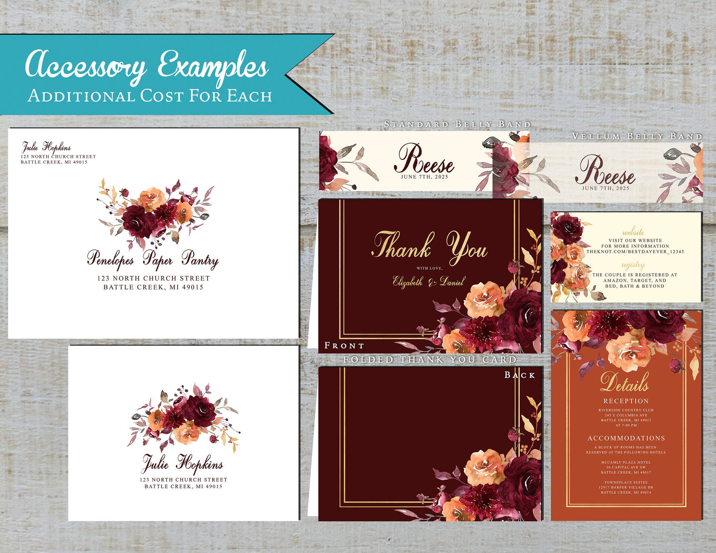 Burgundy and Orange Florals on Burgundy, Burnt Orange, and Ivory Hues Fall Wedding Invitation, Set, or Suite